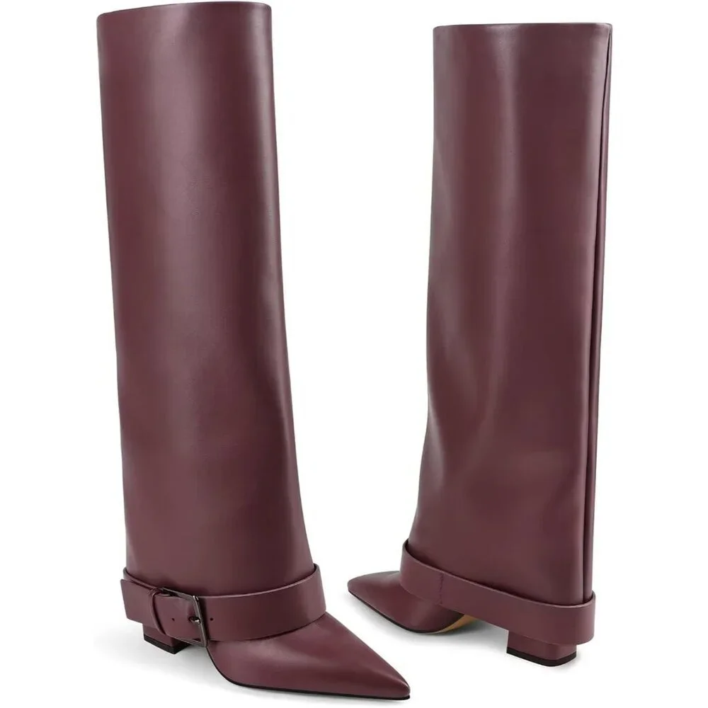 Women's Burgundy Wide Calf Pointed Toe Belt Buckle Knee High Fall Long Boot